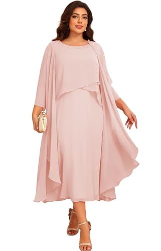 Image of Raseal 2 Pieces Mother of The Bride Dresses with Jacket A-line Chiffon Tea Length Mother of The Bride Dress Tiered Formal Evening Gowns Blush Pink US16W