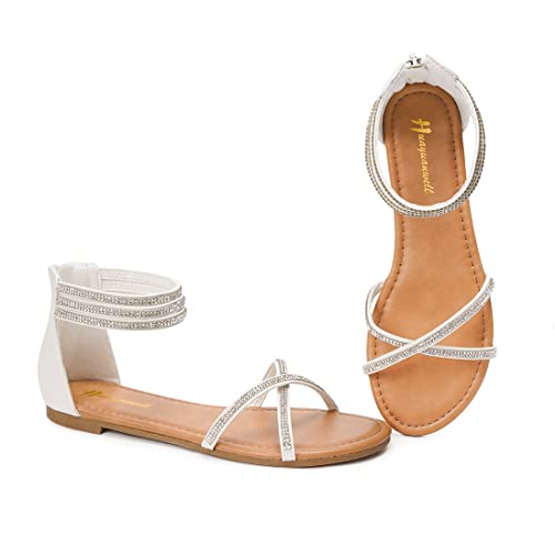 Women's Rhinestones Flat Sandals Ankle Strap Sandals Strappy Sandals Comfort Open Toe Gladiator Flat Sandals (8, White) #TOP6