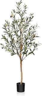 PlusFive5FT Olive Tree Artificial, Faux Olive Tree with Natural Wood Trunk & Lifelike Olivesfruits, Large Artificial Plants Indoors for Home Living Room Balcony Corner Office Decor Housewarming Gift
