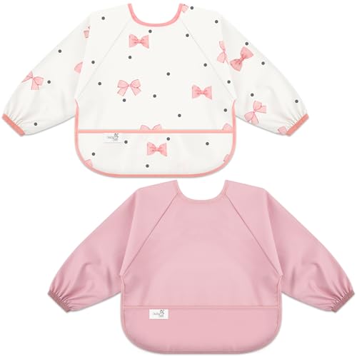 BebeBiu Long Sleeve Baby Bib, Waterproof Fabric, Full Coverage with Catch-All Pocket, Baby Smock Bib, Adjustable Sleeves Toddler bib for Ages 6-24 Months (Bows Blush, Small 6-24 Months)