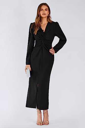 Prettygarden Women'S Spring Fall Fashion Long Puff Sleeve Maxi Dresses V Neck Twist Front Formal Dress With Slit thumb #8