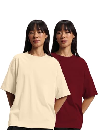 Image of JUNEBERRY Pure Cotton Drop Shoulder Oversized Baggy Fit Half Sleeve Plain Solid Round Neck Multicolor T-Shirt for Women & Girls (Pack of 2) (Sizes S-2XL)