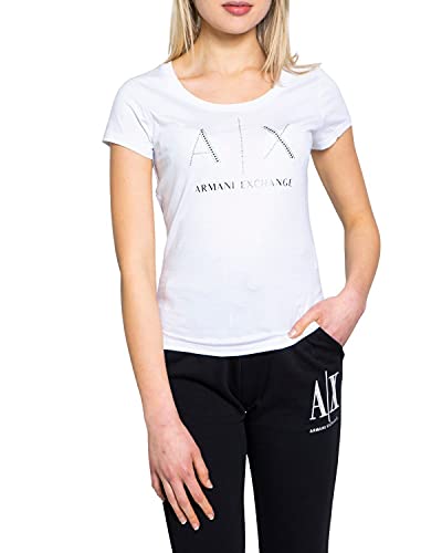 Armani Exchange Strass Logo T-Shirt, Blanc (Optic White 1000), Large Femme