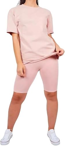 Image of BESTITALIANUK Womens Oversized Plain T-Shirt Cycling Short 2 Pcs Set Ladies Gym Sports Active Loungewear Co-ords Suit (Rose Pink, 20-22 UK)