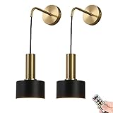 Battery Operated Wall Sconces Set of 2, Modern No Wire Wall Lamp with Remote and led Light Bulb, Dimmable Adjustable Copper Lighting Fixture for Indoor Bedroom Bedside Decor/Living Room/Hallway