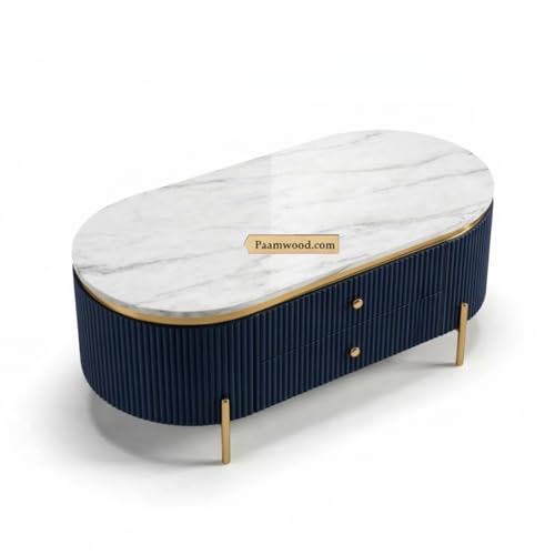 Image of Tesla Centre Table, 42x24x18 Inch, Nano Composite White Marble Top, Gold Accents, 2-Drawer Storage, Oval Design, Waterproof Plywood, PVD Legs, Modern Coffee Table for Living /Entryway