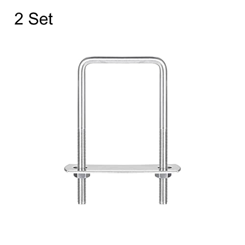 Image of uxcell Square U-Bolts, 2 Sets 52mm(2.05 inch) Inner Width 100mm Length M6 304 Stainless Steel U Clamp Bolt with Nuts and Plates, for Boat Trailer