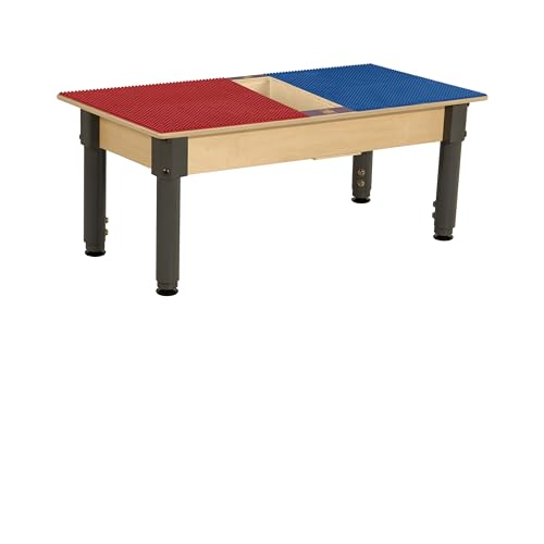 Wood Designs Time-2-Play Montessori Kids Play Table, Red & Blue Reactangular Activity Table with Trough for Toddlers Compatible with Lego Building Blocks [12”-17” Adjustable Legs]