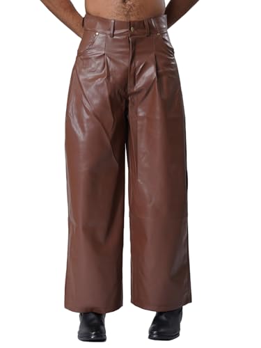 Hularka Adult Mens Casual Faux Leather Straight Leg Trousers Wet Look Motorcycle Riding Pants