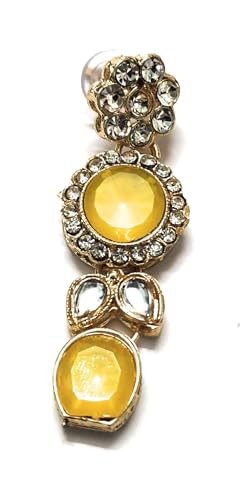 SHARVARI IMITATION JEWELLERY Lemon yellow kundan necklace set with studded earings and maangtika - Image 6