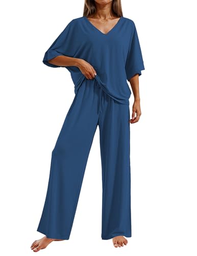 Ekouaer Pajama Sets for Women 2 Piece Lounge Set Short Sleeve Tops and Long Pants Soft Comfy Pjs Sleepwear Outfits S-XXL