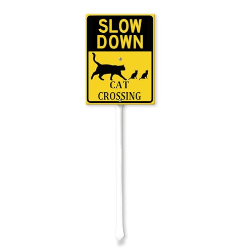 Geroclonup Cartello con gatto Slow Down Cat Crossing Sign con paletto per esterni 20 x 30 cm cartello da cortile antiruggine per esterni cartello in alluminio per giardino prato strada all'aperto