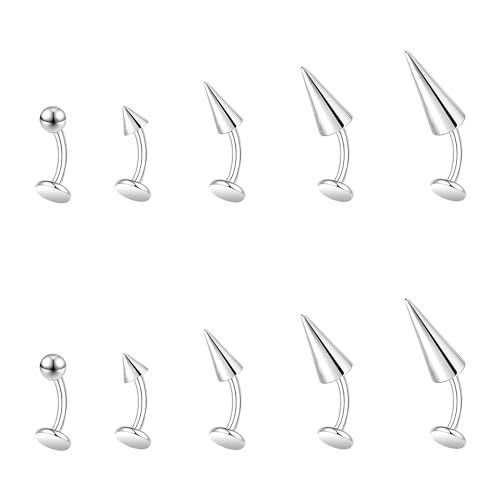 ZS 16G Devil Curved Barbell Lip Ring, Stainless Steel 6/8/10/12mm Long Bar Belly Button Ring, Flat Back Tiger Teeth Vertical Labret Lip Rook Navel Piercing Jewelry