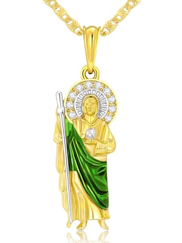 Luxe & Co. Jewelry Saint Jude Necklace 14K Gold Plated San Judas Medalla Cadena Oro Laminado San Judas Necklace (Green 22 Inch)