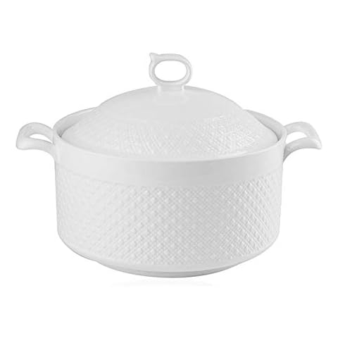 Double Handle Lid Pure White Ceramic Tureen Soup Ceramic Round White Dish Casserole/Clay Pot/Earthen Pot/Ceramic Cookware with White Lid Heat-Resistant for Gift Box (9 inches) Cover