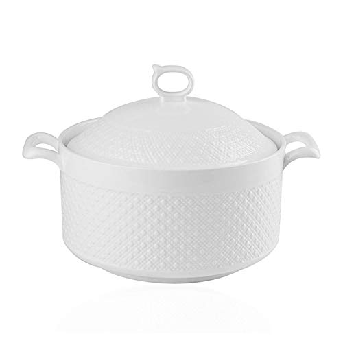 Double Handle Lid Pure White Ceramic Tureen Soup Ceramic Round White Dish Casserole/Clay Pot/Earthen Pot/Ceramic Cookware with White Lid Heat-Resistant for Gift Box (9 inches)