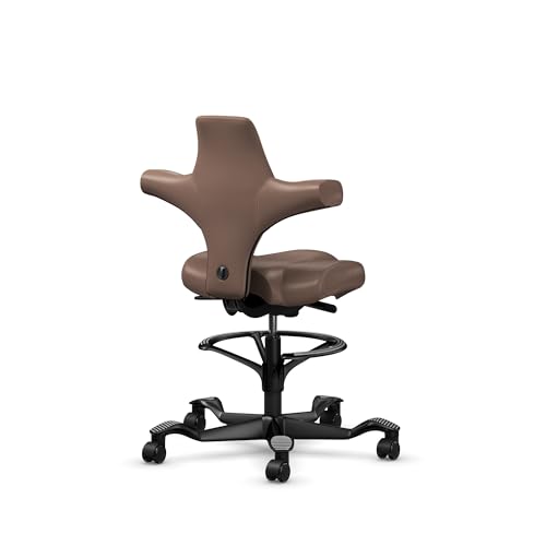 Image of HAG Capisco Sit to Stand Chair-Black Frame-Upholstered Brown Mahogany Vinyl-with Foot Ring