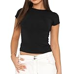 Flintronic Women's Short Sleeve Y2K Top, Scoop Neck Basic Slim Fitted T-Shirt, Crop Top Blouse Aesthetic Streetwear, Black, S