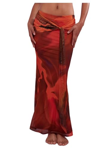 Milumia Women Tie Dye Knot Front Mesh Maxi Skirt Low Waist Bodycon Fishtail Skirts