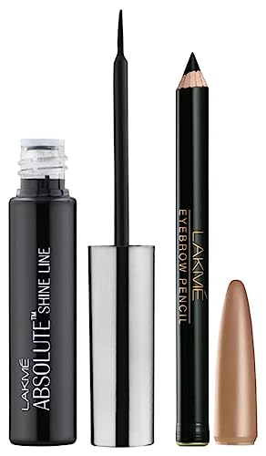 Image of LAKME Absolute Shine Liquid Eye Liner, Intense Color, Long Lasting, Glossy Texture, Black, 4.5 Ml & Lakme Eyebrow Pencil, Black, 1.2G