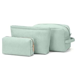 3 Pieces Makeup Bag Cosmetic Bags for Women Corduroy Travel Toiletry Make Up Brush Storage Bag Pounch Organizer Travel Essenitial for Women (Light Green)