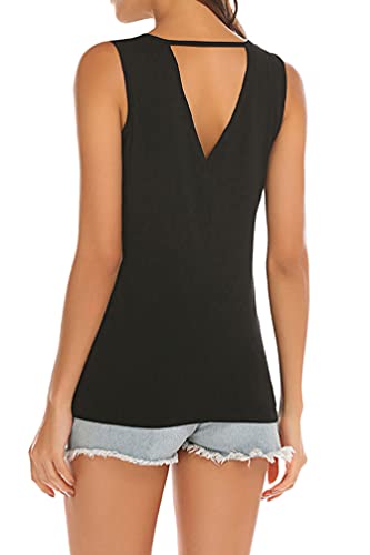 Poetsky Sleeveless Tops for Women Cutout V Neck Stretchy Tee Shirt (M, Black)