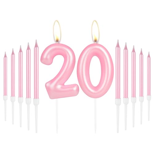 iNINGER Baby Pink 20th Birthday Number Candles, Number 20 Candle Cake Cupcake Toppers for Girls, Birthday Party 20th Wedding Anniversary Decorations
