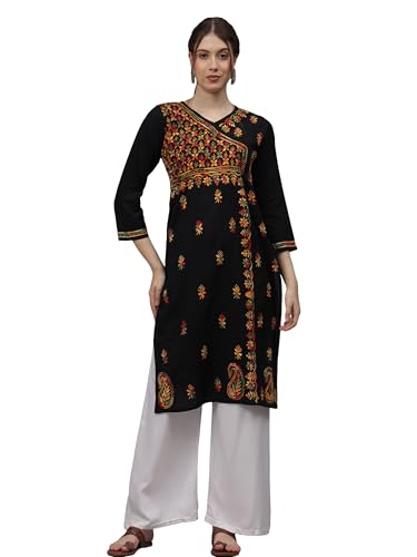 Image of Seva Chikan Hand Embroidered Lucknowi Chikankari Black Cotton Angarkha Style Kurta for Women SCL4626