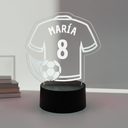 DEREGALOOS Lámpara LED Fútbol Personalizada. Luz Nocturna RGB con Nombre y Número. Placa con Base Táctil. Regalo Original para Niños Futboleros. (Camiseta Personalizada)