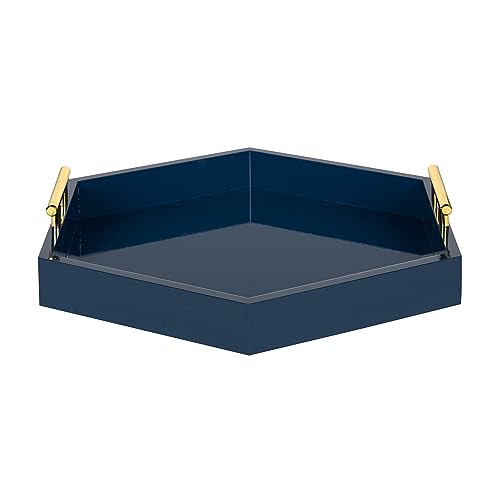 Image of Kate and Laurel Lipton Hexagon Decorative Tray with Polished Metal Handles, Navy Blue and Gold
