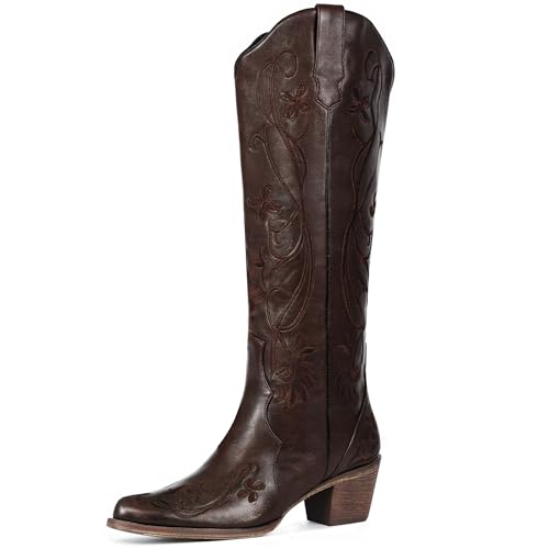 Cowboy Boots for Women, Knee High Wide Calf Cowgirl Boots with Classic Embroidered, Pointed Toe Chunky Heel Western Boot, Pull On Retro Vintage Tall Boot