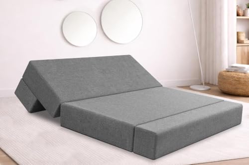Image of Rosebell Two Seater Foldable Sofa Cum Bed (4x6 Feet) Jute Fabric, Washable Removable Cover, Includes 2 Cushion | Space Saving Sofa Bed for Home, Office & Guests - Grey