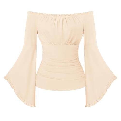 SCARLET DARKNESS Renaissance Pirate Wrap Top Women Off the Shoulder Flare Sleeve Blouse Medieval Gothic Halloween Costume Apricot XL