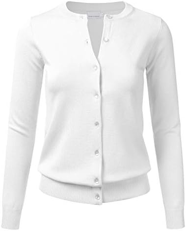 FLORIA Women's Gem Button Crew Neck Long Sleeve Soft Knit Cardigan Sweater White XL