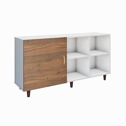 Image of VIKI Modern TV Unit for Living Room | Engineered Wood TV Cabinet with 1 Door Storage & 2 Open Shelves, Entertainment Unit, 140W x 74H x 40D cm | DIY | 1 Year Warranty (White & Walnut)