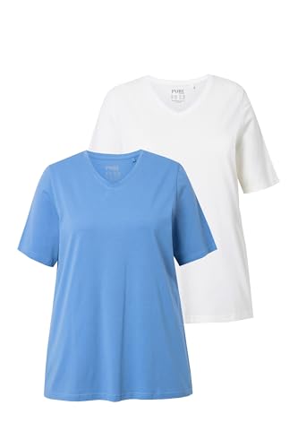 Ulla Popken Damen große Größen Übergrößen Plus Size T-Shirts, 2er-Pack, V-Ausschnitt, Halbarm, Biobaumwolle