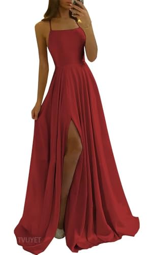 Image of Tvuyet Satin Prom Dresses Long with Pockets Spaghetti Straps A Line Bridesmaid Dresses with Side Slit Ball Gown