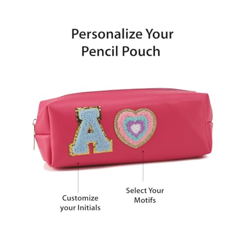Image of AICA Personalized Embroidered Alphabet & Patch - Pencil Pouch (DarkPink) | Pencil Box Pouch for Kids Girls Boys | Gift for Kids Girl Boy |Birthday Return Gift