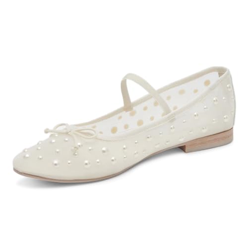 miss left Women Stylish Pearls Round Toe Mary Jane Flats Bowknots Elastic Strap Mesh Breathable Ballet Shoes Size 4-16 US