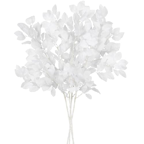 RECUTMS Artificial Fall Beech Leaf Stems 4Pcs 39Inch Fake Foliage Branches for Tall Vase Faux Autumn Leaves Long Greenery Stem for Thanksgiving Halloween Harvest Home Wedding Party Decor(White)