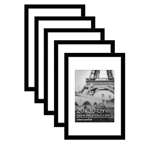Americanflat Cadre Photo 20x30 cm Noir - Cadre Photo 15x20 cm avec Passe-Partout ou 30x20 cm sans Passe-Partout - Lot de 5 Cadres avec Matériel de Suspension en Dents