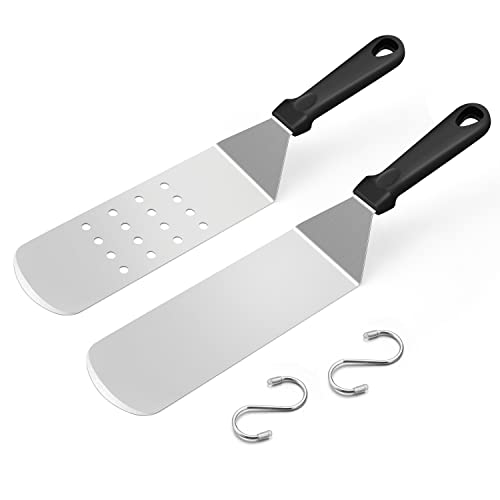 Metal Spatula Set of 2, HaSteeL 14.5 x 2.8In Heavy Duty Perforated & Solid Griddle Tuner Flipper, Long Stainless Steel Griddle Tools for Flat Top Teppanyaki Hibachi Grilling Camping, Easy to clean