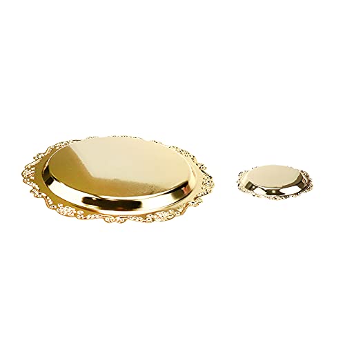 Quluxe Vintage Round Metal Food Serving Tray, 2 Pcs Reusable Decorative Appetizer Platter for Kitchen, Party, Centerpiece Display- Gold (4 Inch+10 Inch)