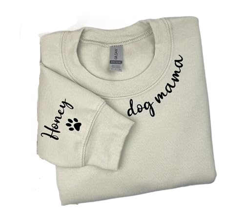 Custom Personalized Dog Mom Sweatshirt with Pet Name on Sleeve, Dog Mama Sweatshirt Gift for Pet Lovers. Dog Mom Gift. Custom Dog Sweatshirt. Cat Mom Sweater