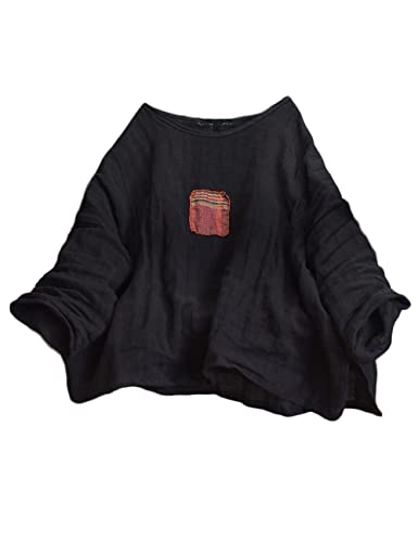NFYM Womens Plant Dyed Linen Unique Patch Design 3/4 Sleeve Blouse Summer Tops2