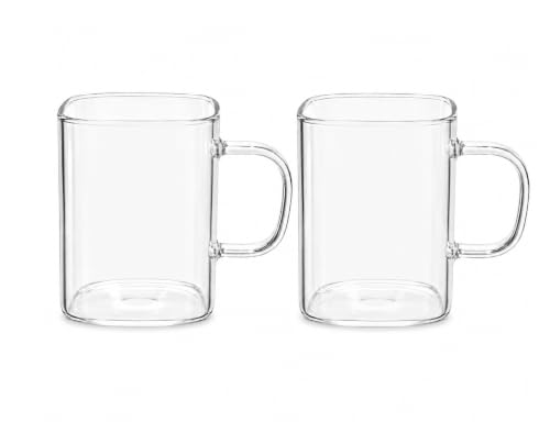 Image of IndusBay Pack of 2, 230 ML Square Borosilicate Glass Tea Cups Clear Glass Tea Coffee Mugs with Handle, Microwave Safe, Clear