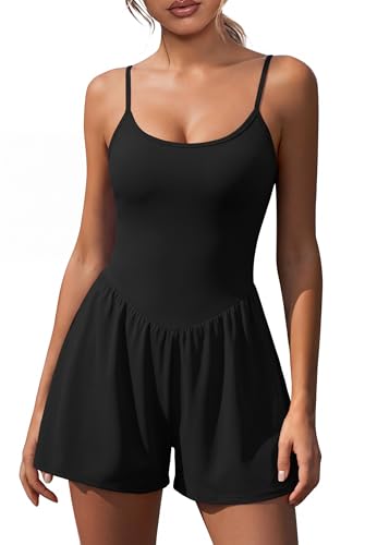 NIASHOT Rompers for Women Black Tennis Workout Yoga Athletic Romper Golf Outfits for Women Summer Adjustable Spaghetti Strap Sports Fitness Active Exercise Rompers with Shorts One Piece Jumpsuits XS