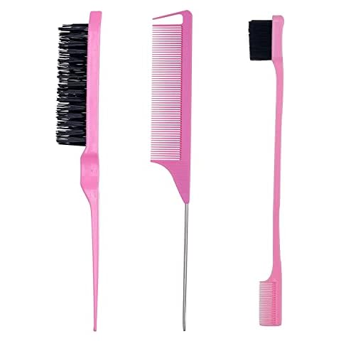 3 Pieces Hair Styling Comb Set Teasing Hair Brush Rat Tail Comb Edge Brush for Edge&Back Brushing, Combing, Slicking Hair for Women (pink) Cover