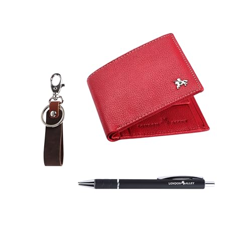 LONDON ALLEY Kevin Classic Red Leather Wallet, Red + Pen + Keyring - Image 3