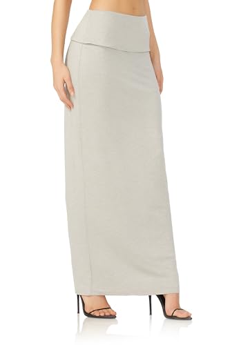 Women's Esin Soft Foldover High Waist Long Maxi Skirt, Heather Grey2